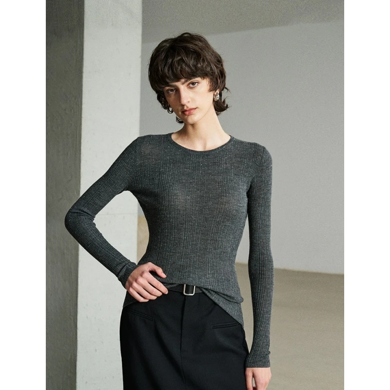 Ayuko细闪银河意大利进口CARIAGGI羊毛金银葱修身坑条针织衫6805