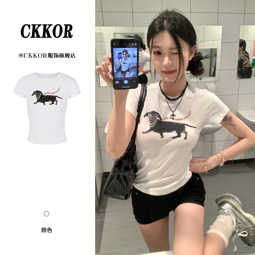 CKKOR美式辣妹穿搭短袖t恤女夏季新款字母印花时尚设计感短款上衣