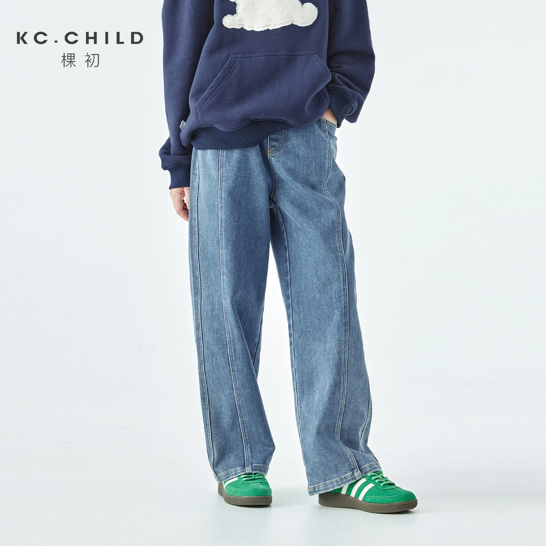 棵初25年秋冬季新款亲子中大女童薄绒牛仔裤水洗蓝分割设计休闲裤