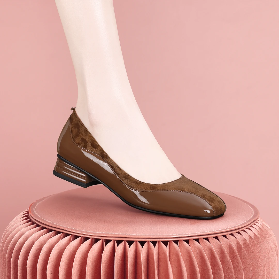 梵芮诗2025年春夏季方头新款简约风拼色时尚粗跟低跟单鞋-H1163