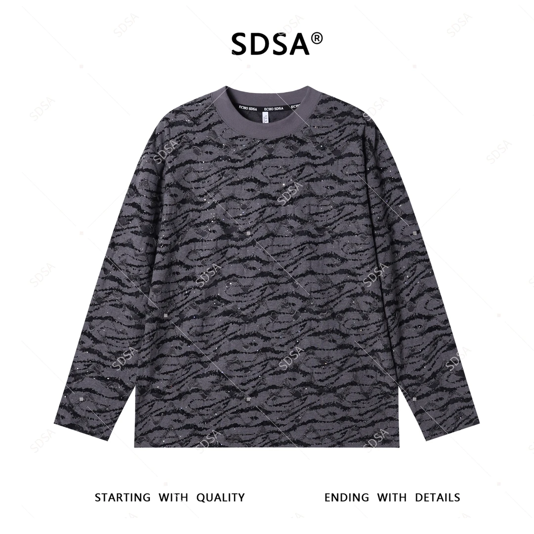 SDSA男士秋冬新款轻奢痞帅男装磨破植绒满天星圆领长袖T恤百搭潮