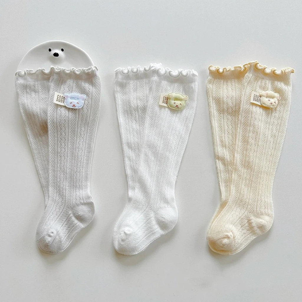 新生婴幼儿长筒袜夏季纯色棉袜网眼薄款防蚊过膝袜松口不勒腿0-3