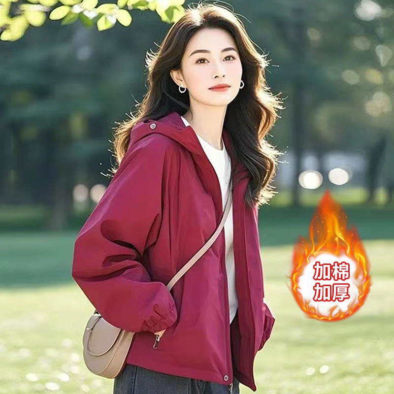 春秋百搭上衣加棉加厚休闲连帽女士时尚宽松长袖韩版短款短外套女