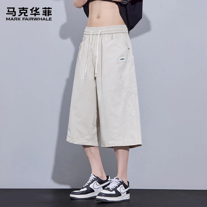 马克华菲美式纯棉工装休闲裤男士夏季薄款宽松直筒潮流百搭七分裤