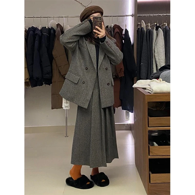 秋冬时髦轻奢韩版毛呢西装套装女宽松廓形夹棉西服外套长裙两件套