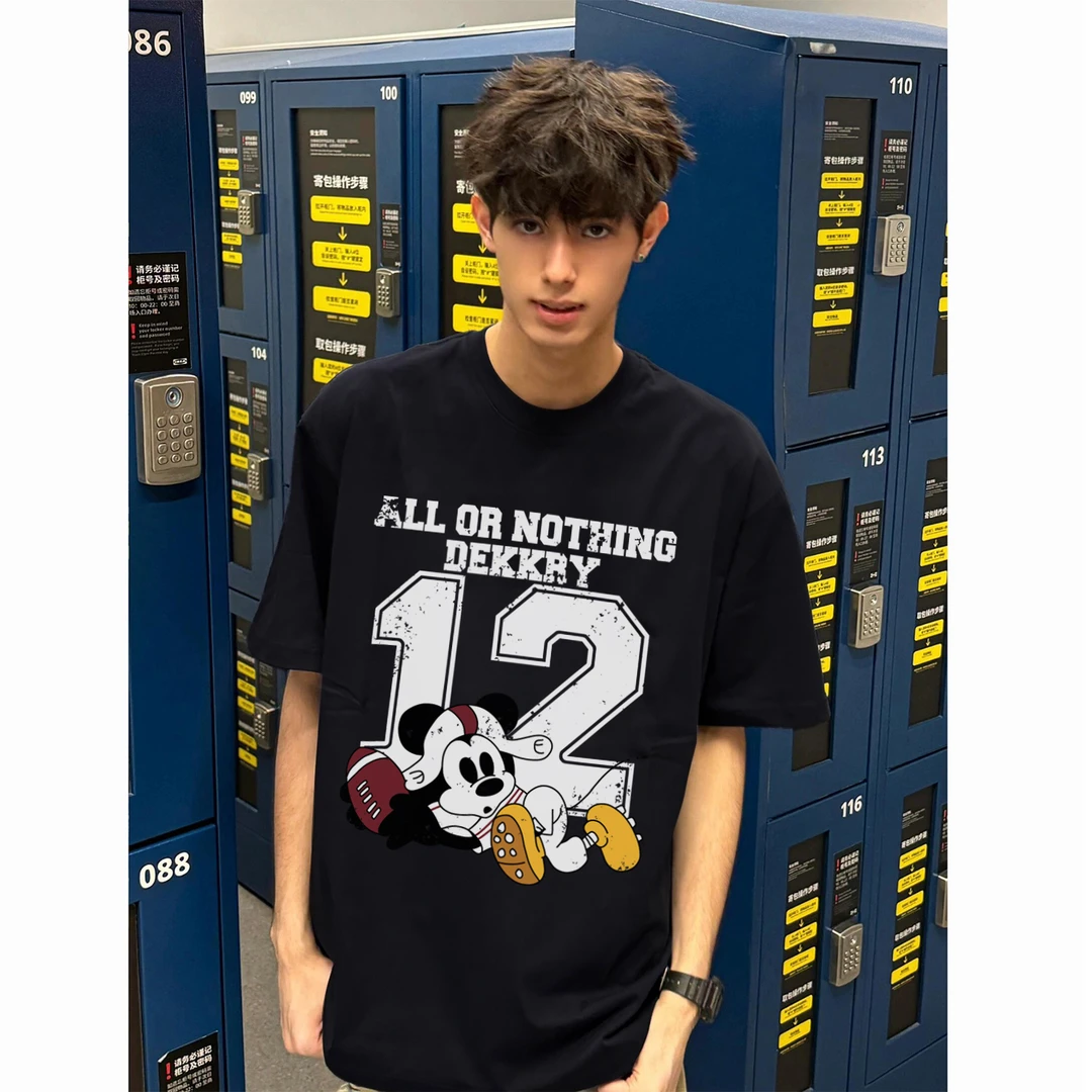 100%纯棉美式卡通字母数字印花短袖T恤男女夏季百搭休闲情侣上衣