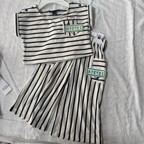 汤汤家条纹毛圈短袖阔腿裤套装