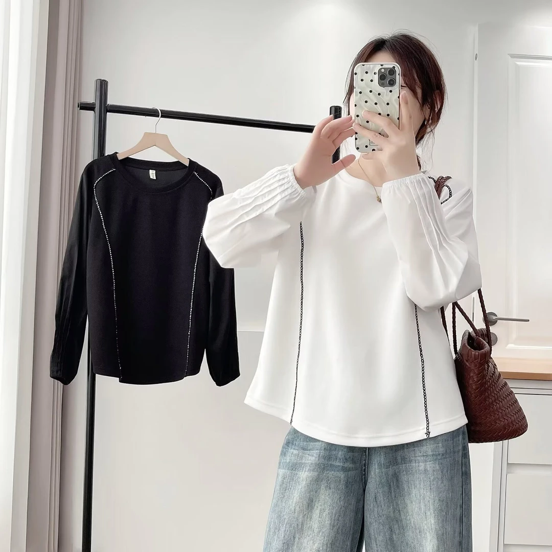 大码胖mm韩系休闲时尚褶皱长袖T恤女秋季新款设计感百搭上衣183