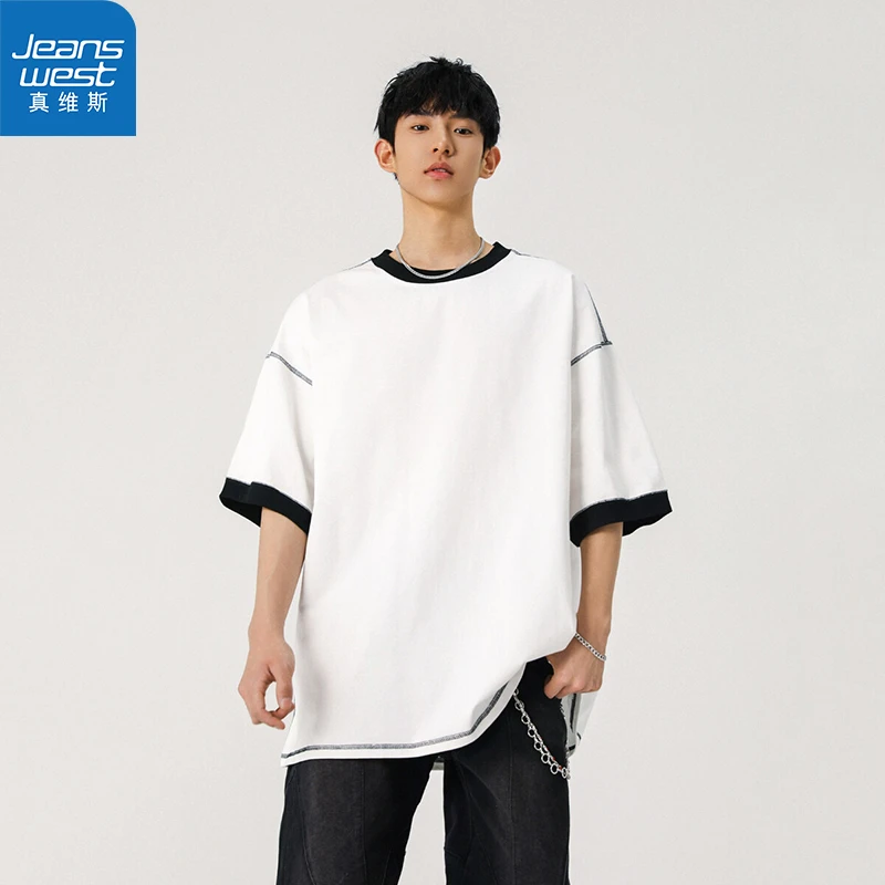 【真维斯】日系百搭短袖t恤男夏季情侣重磅圆领撞色半截袖潮牌宽松