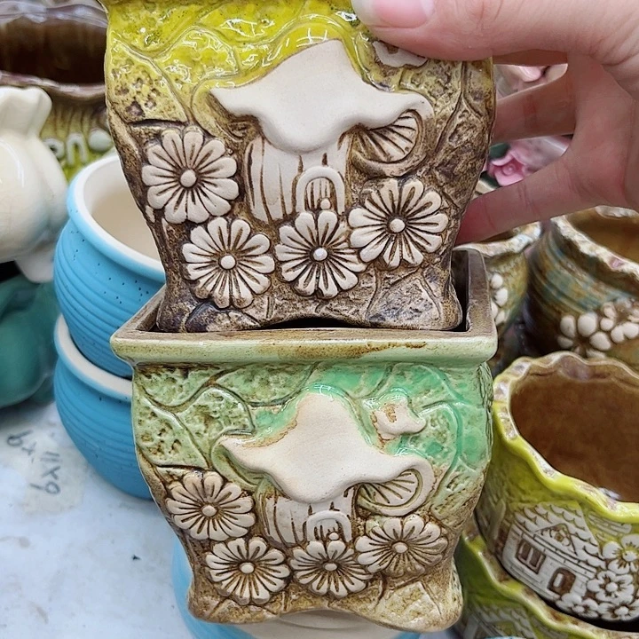 多肉绿植陶瓷花盆9.9包邮，有孔