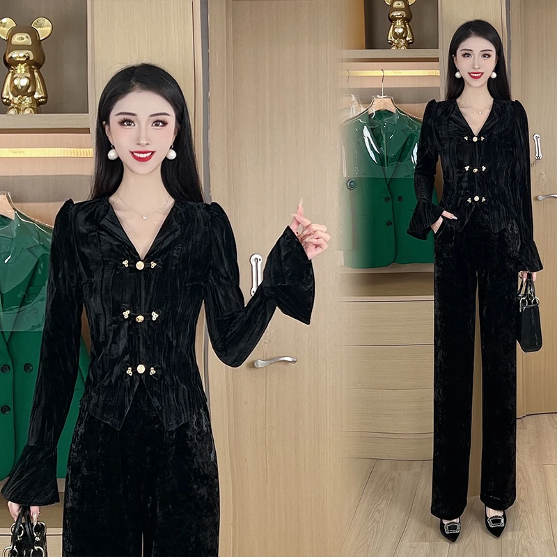 轻奢气质丝绒上衣2025春季新款洋气一整套穿搭套装女士DY251
