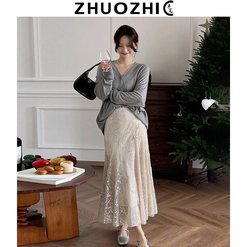 [卓芝]法式高级感亮片鱼尾半身裙2025秋季新款高腰显瘦中长裙女