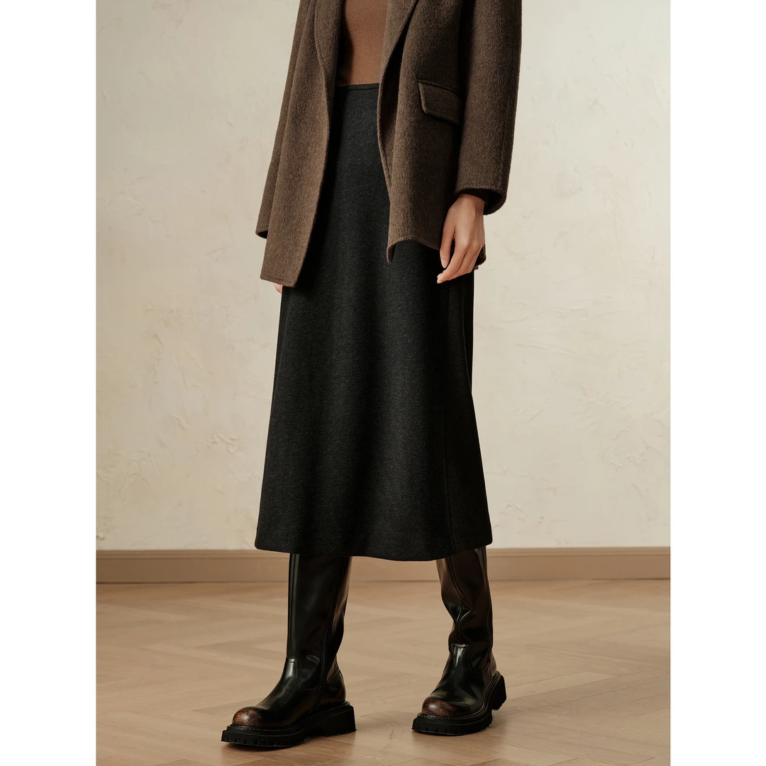 玖姿安娜蔻JTED20013通勤简洁气质百搭毛呢A字半身腰裙女