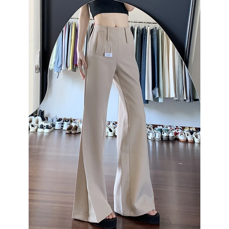 卡其色美式微喇叭裤女夏季薄款高腰显瘦不贴腿马蹄喇叭休闲西装裤