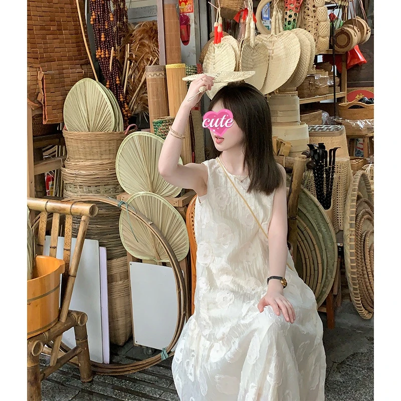 新款夏季小个子甜美印花无袖中长款减龄宽松显瘦A字背心连衣裙