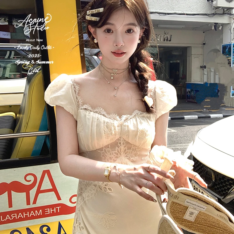 Acaine清迈花季 假日浪漫镂空气蕾丝夏季法式质绣花裙