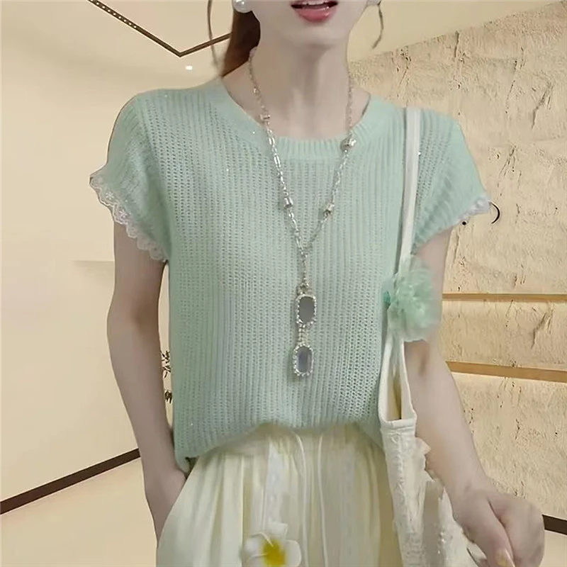 夏季肩镂空宽松型针织衫拼接女款显瘦针织上衣千金清冷感贵系衣服