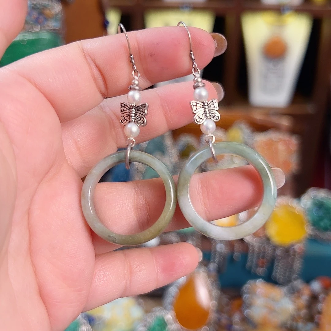 翡翠银S925镶嵌挂件耳环