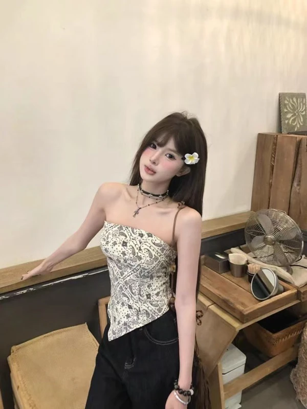 复古碎花抹胸背心短款修身设计感辣妹风上衣女春夏