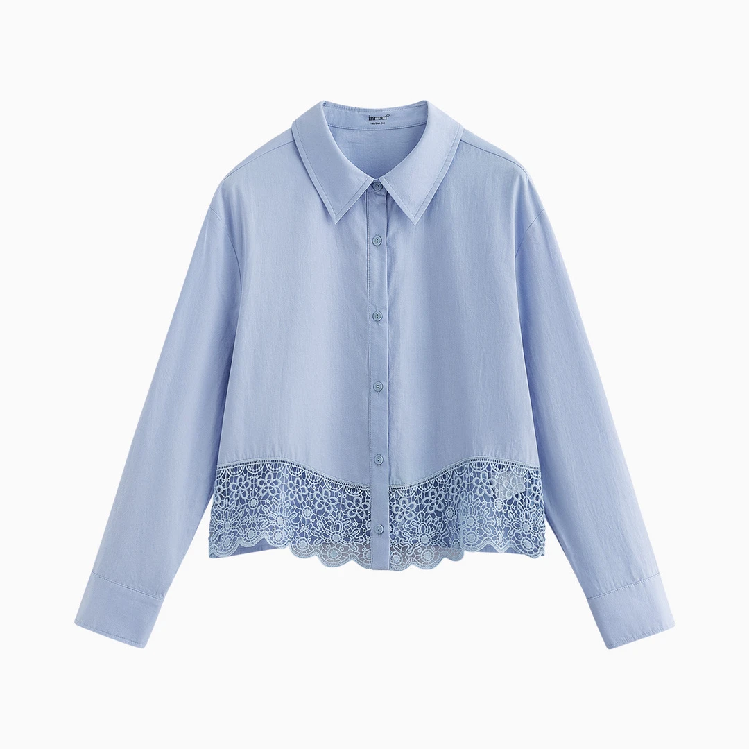 茵曼2025秋季新款纯棉法式镂空绣花长袖衬衫宽松百搭衬衣