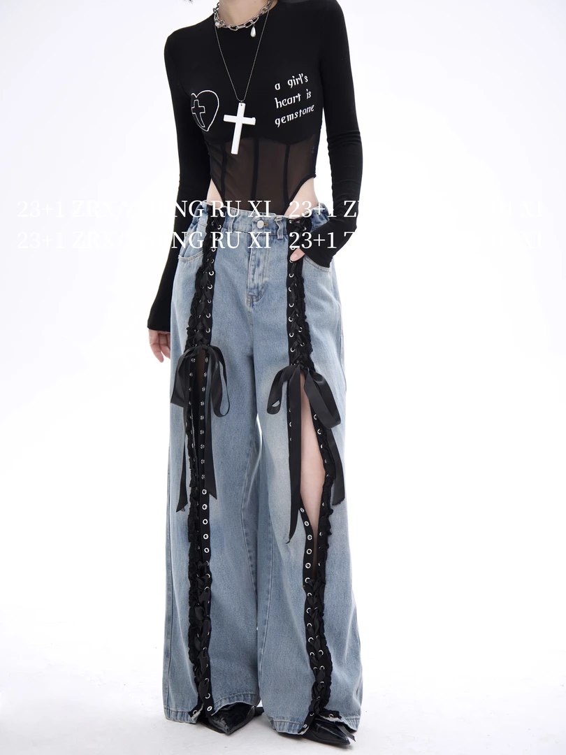 付新博女装蕾丝花边绑带牛仔裤女松弛感休闲设计直筒裤长裤13623