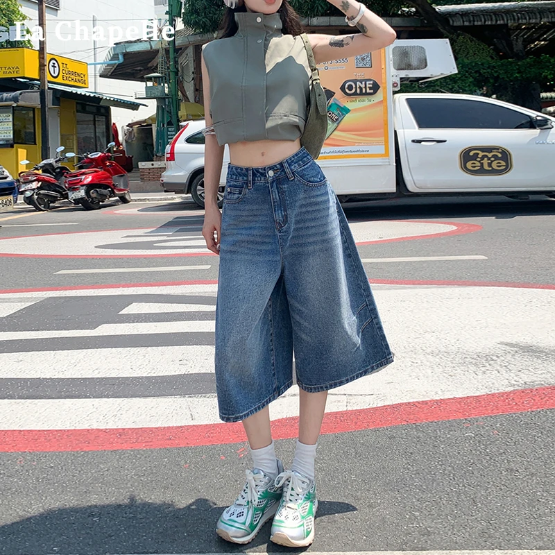 拉夏贝尔蓝色阔腿牛仔短裤女2025夏季新款高腰宽松显瘦直筒七分裤