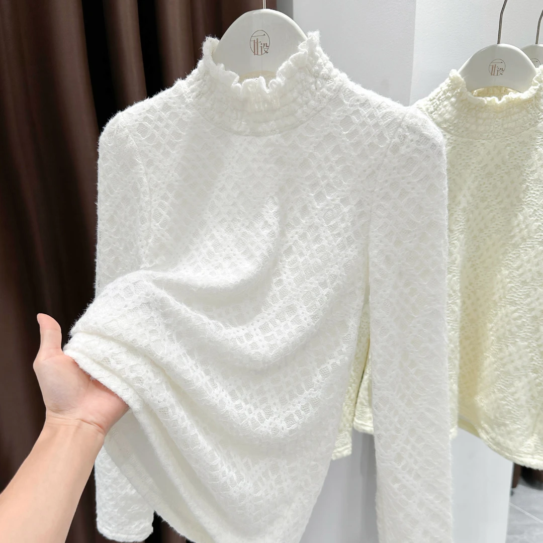 白色气质半高领长袖蕾丝衫秋冬爆款内里加绒保暖打底衫洋气上衣女