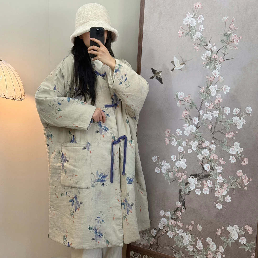 【苏里】 “新中式长袍” 冬季新款保暖立领印花棉服女宽松加厚外套
