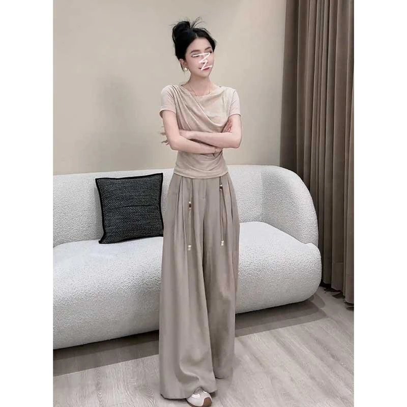 夏季设计感显瘦修身短袖T恤+垂感拖地阔腿裤子套装慵懒休闲两件套