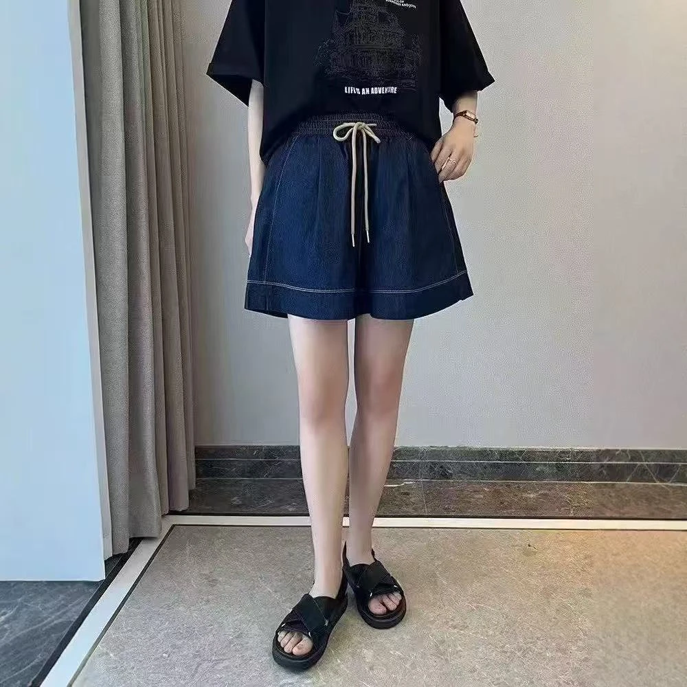 时尚百搭夏日薄款抽绳松紧腰天丝牛仔短裤