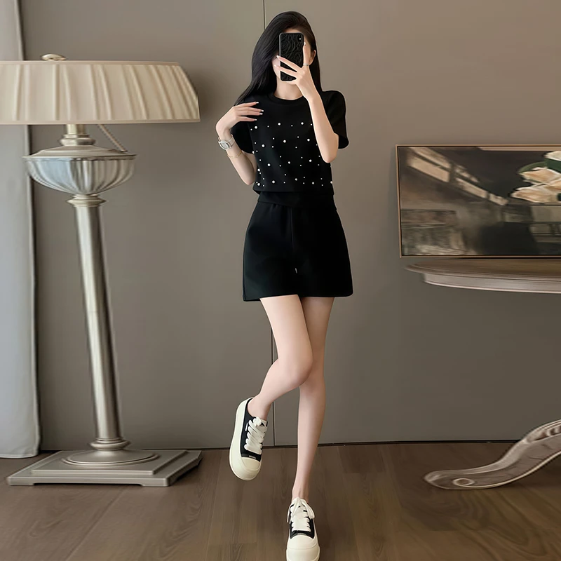 高含棉钉珠设计感套装女2025年夏季新款圆领上衣高腰短裤两件套潮