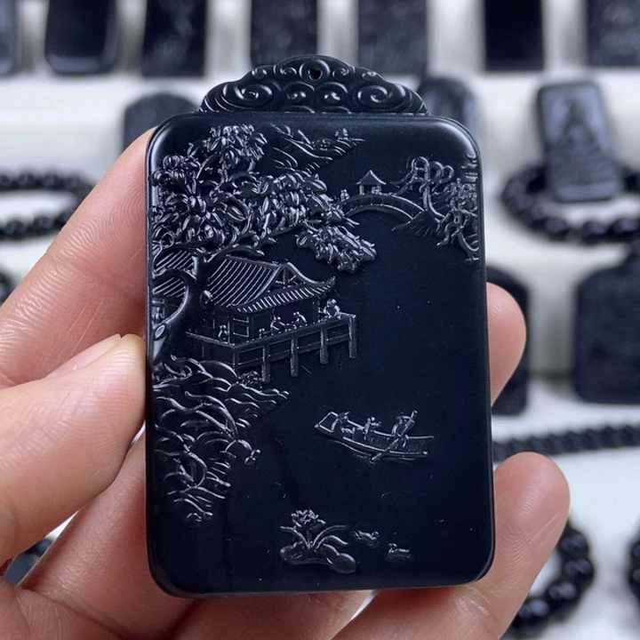 海***鱼和田玉（墨玉）未镶嵌颈饰山水牌