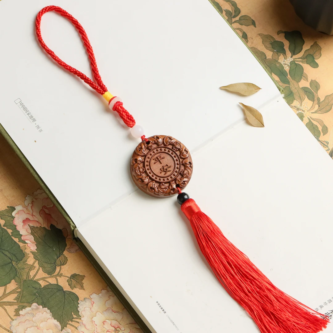 桃木圆牌吉祥如意出入平安圆牌流苏挂件挂饰
