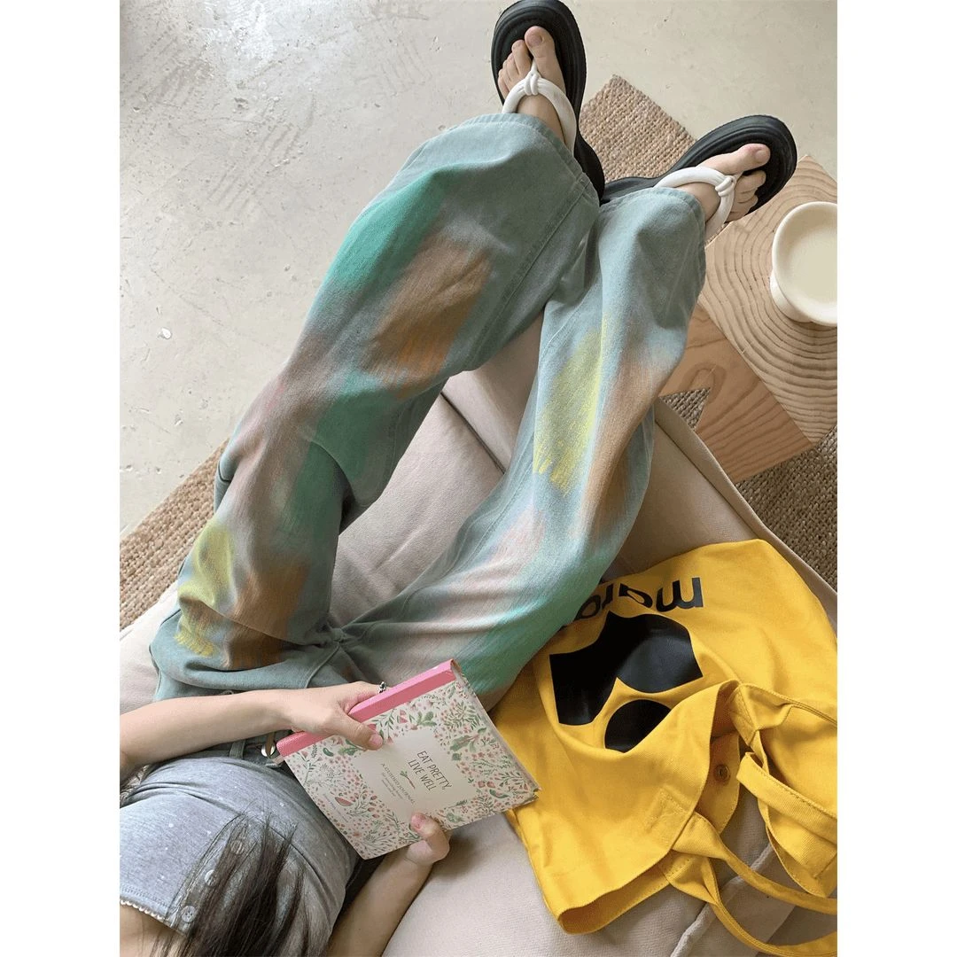 设计感彩虹渐变仔高腰宽松直筒长裤女薄款水洗面料