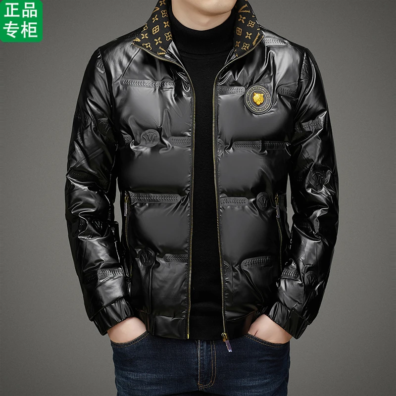 ck正品秋冬季羽绒服男士休闲时尚亮面免洗防寒白鸭绒立领短款外套