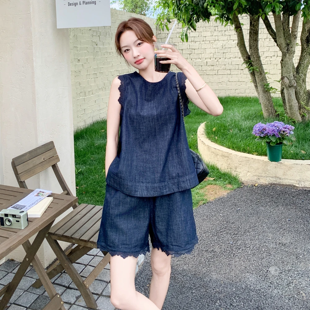 显瘦裙子藏青色盐系一整套蕾丝花边牛仔套装女夏季背心短裤两件套