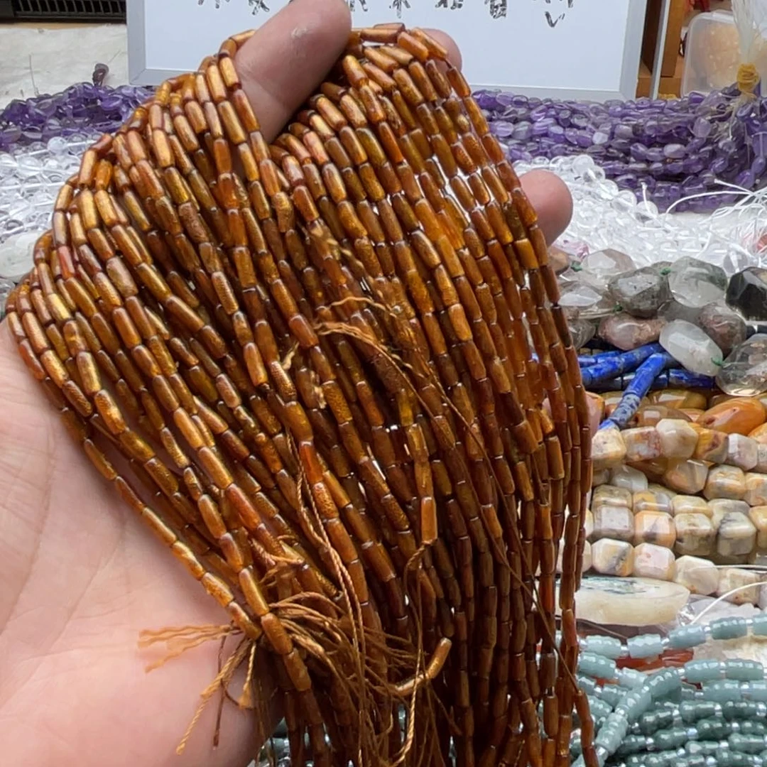 玛瑙/玉髓合金珠宝半成品一条装3*6mm金柳柳管珠