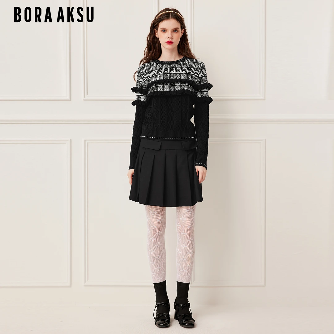 BORAAKSU2025冬季新品艺术感提花圆领木耳边针织套头衫B1FHW01130