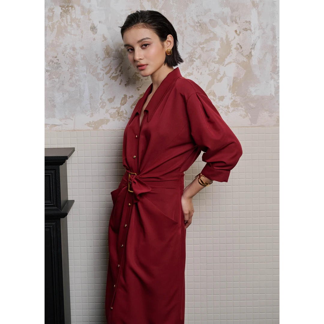 【创意总监】危险又迷人 大女主V领褶皱设计长款连衣裙衬衫裙