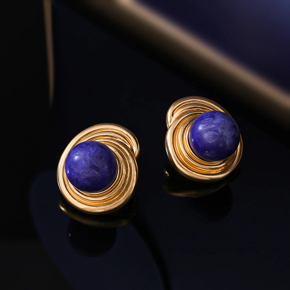 合金耳饰 简约气质小众时尚精致复古圆环耳钉百搭镶嵌蓝色轻奢