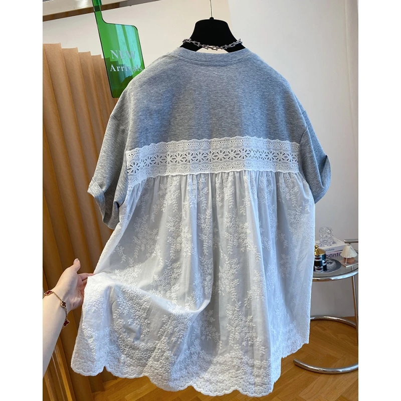 P049后背蕾丝拼接t恤女短袖设计感别致独特大版遮屁股中长款上衣