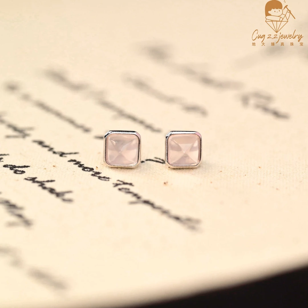 天然粉水晶小方糖糖塔耳钉925银温柔水晶耳饰礼物
