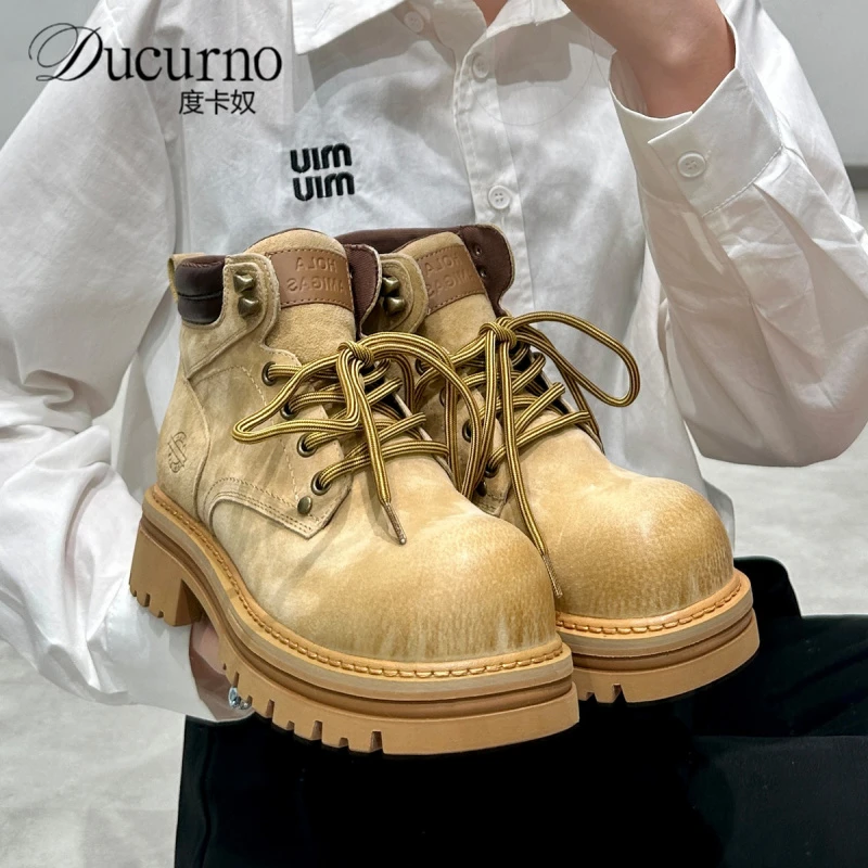 复古做旧大黄女2025新款英伦风厚底马丁百搭休闲马丁靴女款靴子