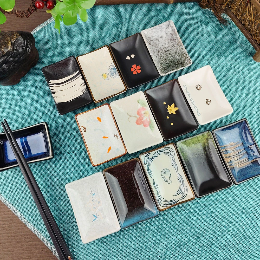 陶瓷刺身酱油碟家用长方小碟子日式餐厅芥末碟三格酱料碟