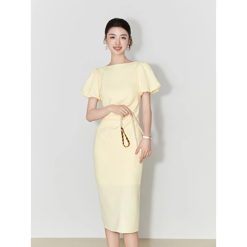FENTEN轻奢品牌连衣裙2025夏季醋酸鹅黄色泡泡袖修身收腰气质减龄