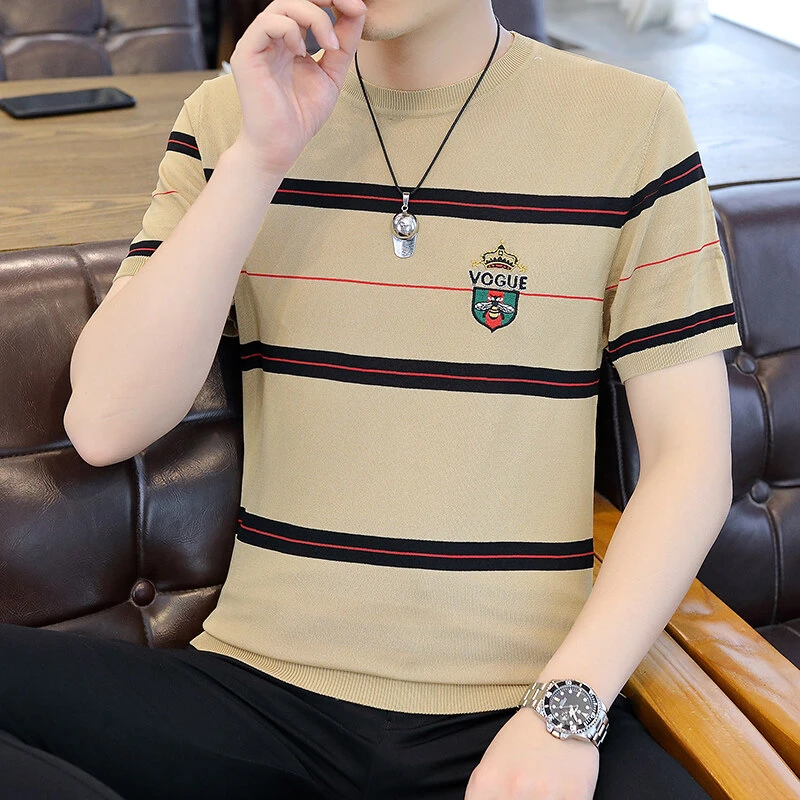 【高品质】2025夏季冰麻休闲短袖圆领T恤修身百搭潮流条纹5826 A