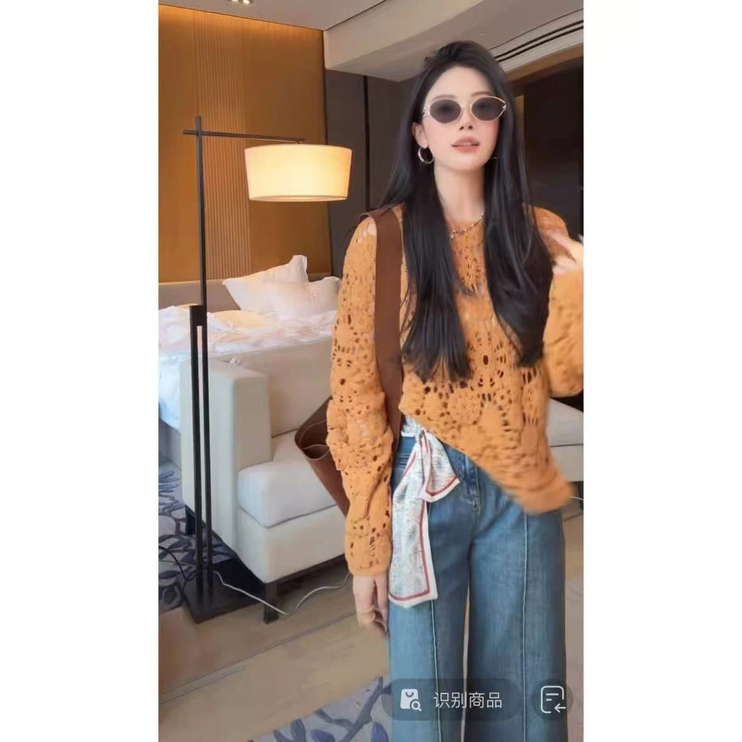 法式早秋氛围感镂空设计感长袖针织衫女宽松百搭叠穿罩衫上衣855