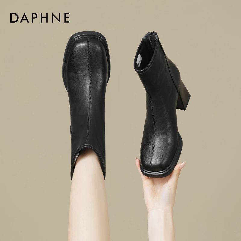 达芙妮法式粗跟方头高跟马丁靴短靴厚底小个子2025年新款瘦瘦靴子