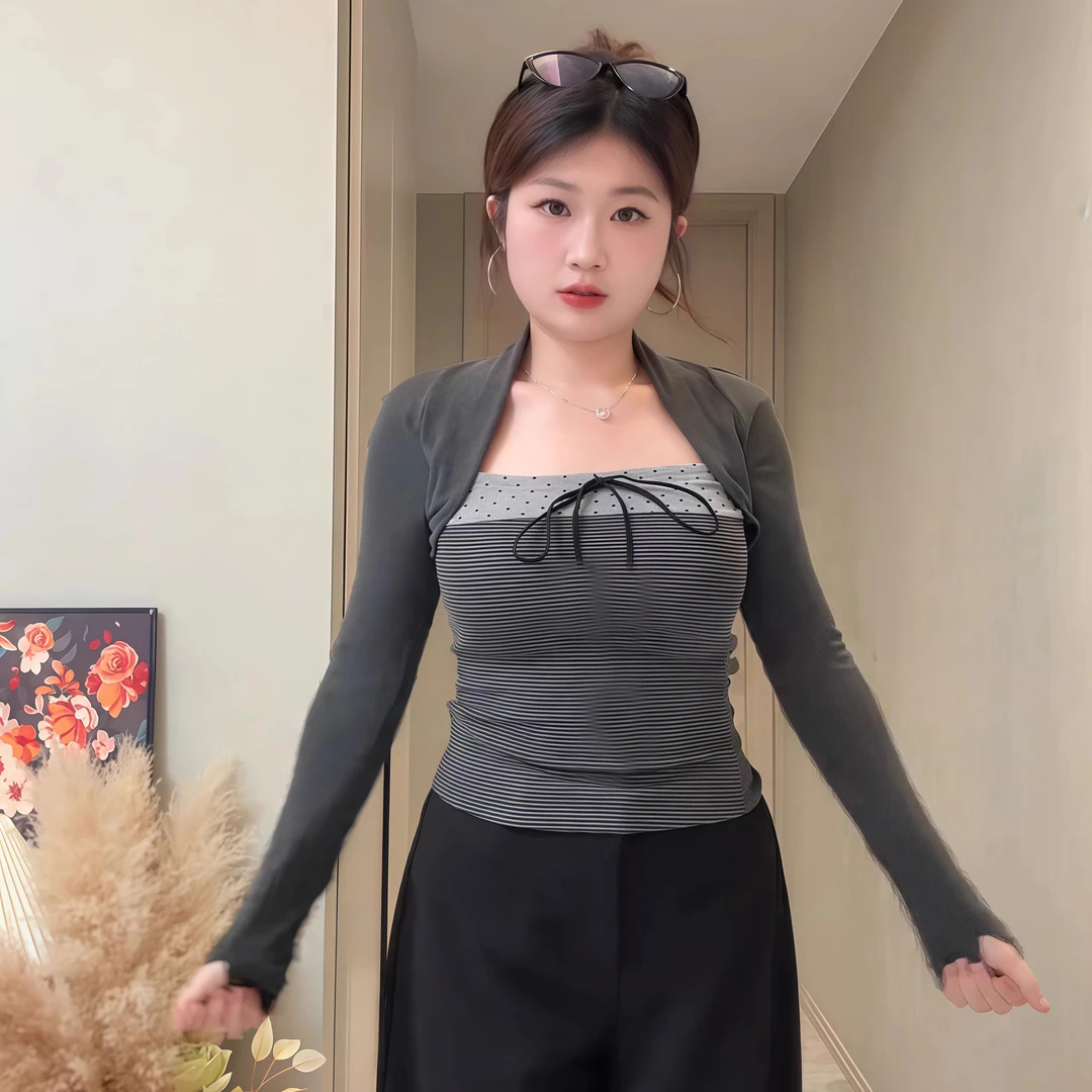 设计感假两件条纹长袖T恤秋冬新款韩系复古撞色百搭修身波点上衣