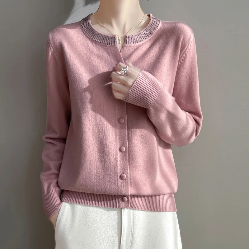 春季新款时尚百搭植绒烫钻圆领开衫气质宽松纯色开衫长袖短款